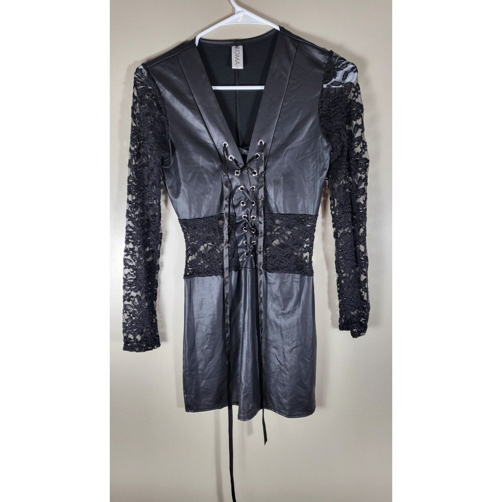 Roma Black Faux Leather Lace Up Gothic Mini Dress Lace Sleeves S